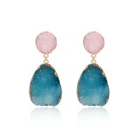 Pastel Pink Blue Druzy Quartz Crystal Drop Earrings